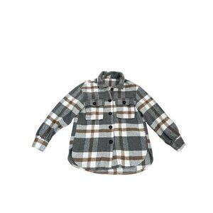 Girls Gray Plaid Button-Up Flannel Shacket X-Small Warm Casual Layering Jacket
